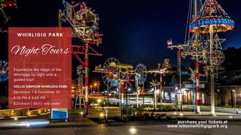 The whirligig park at night with lights shining on reflectors to see them shine.